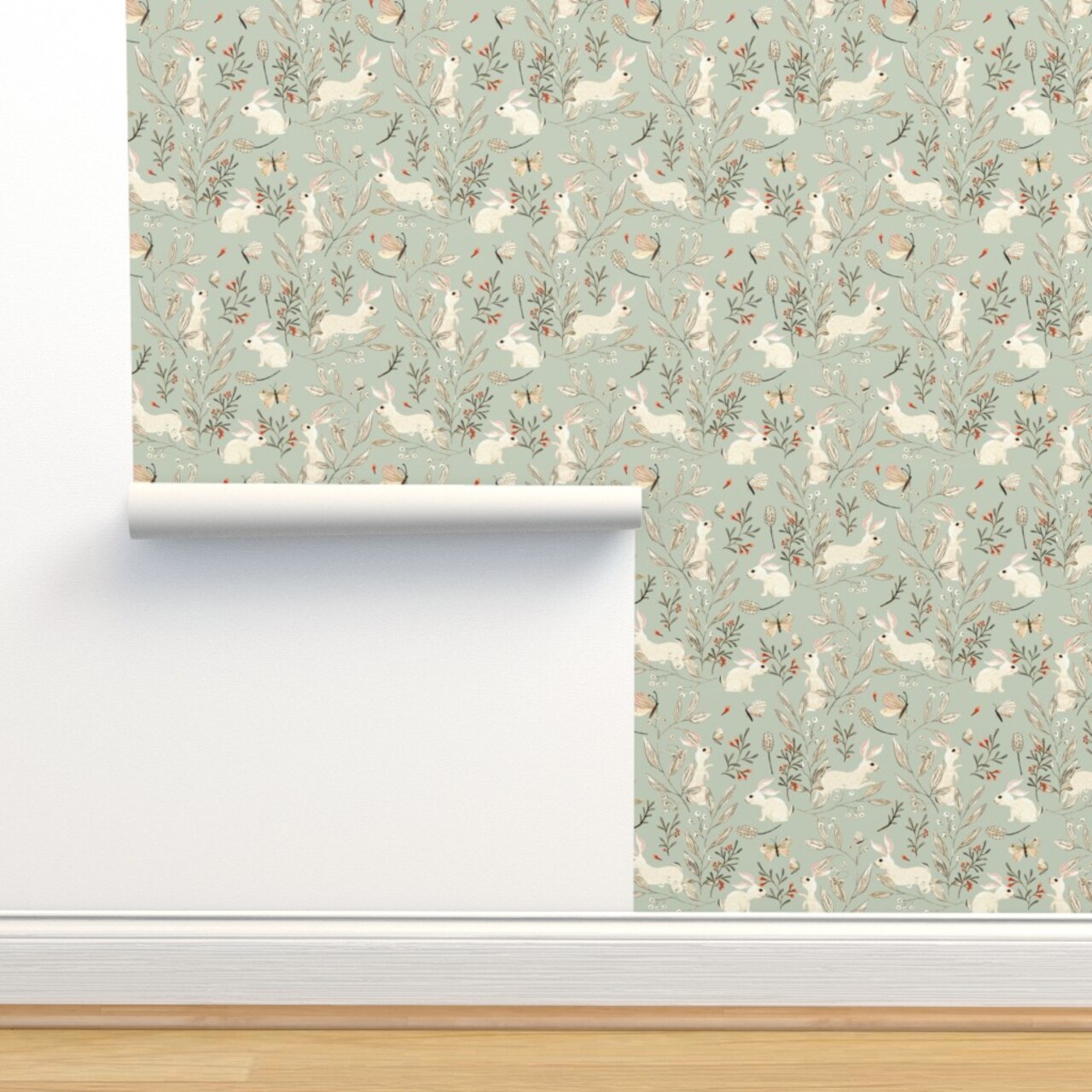 Whimsical Bunnies Easter Bunny Woodland Animals Forest Butterflies Sage Green Custom Pre-pasted Wallpaper by Spoonflower Pre-Pasted Wallpaper 2FT Wide